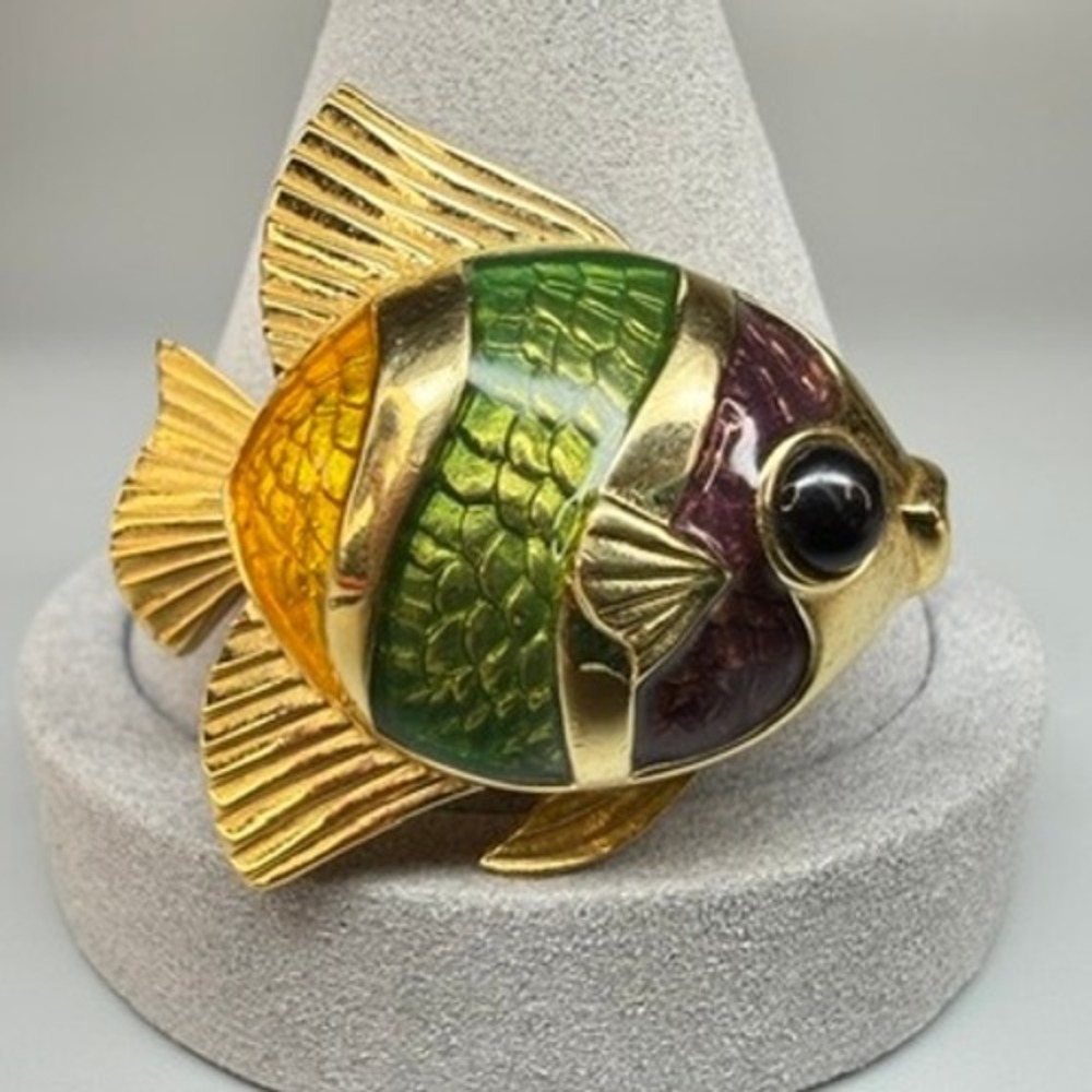 Vintage Guilloche Enamel Fish Pill Box Container Gold Tone 2" Whimsical